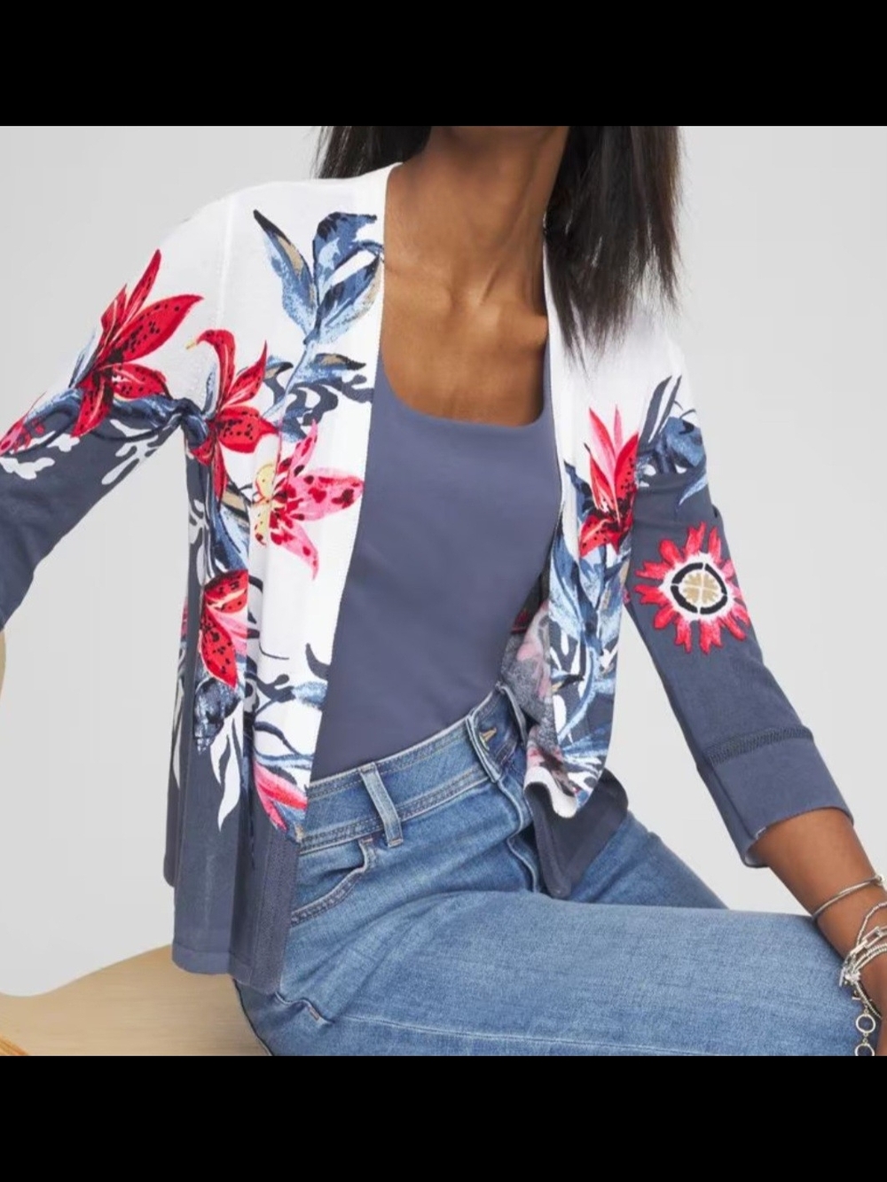 Floral Open-Front Cardigan Jacket in Navy and White